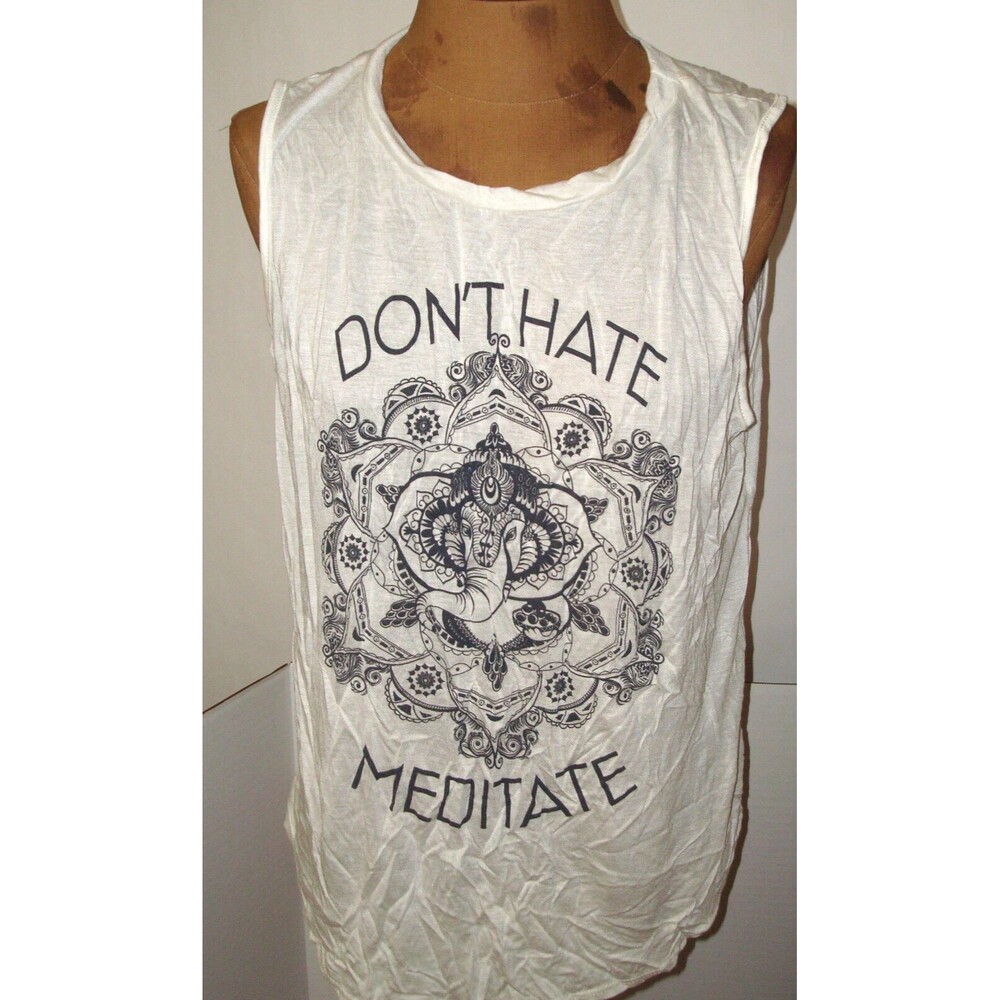 New Womens Persaya Don't Hate Meditate T Shirt Top White Elephant Rayon M L XL